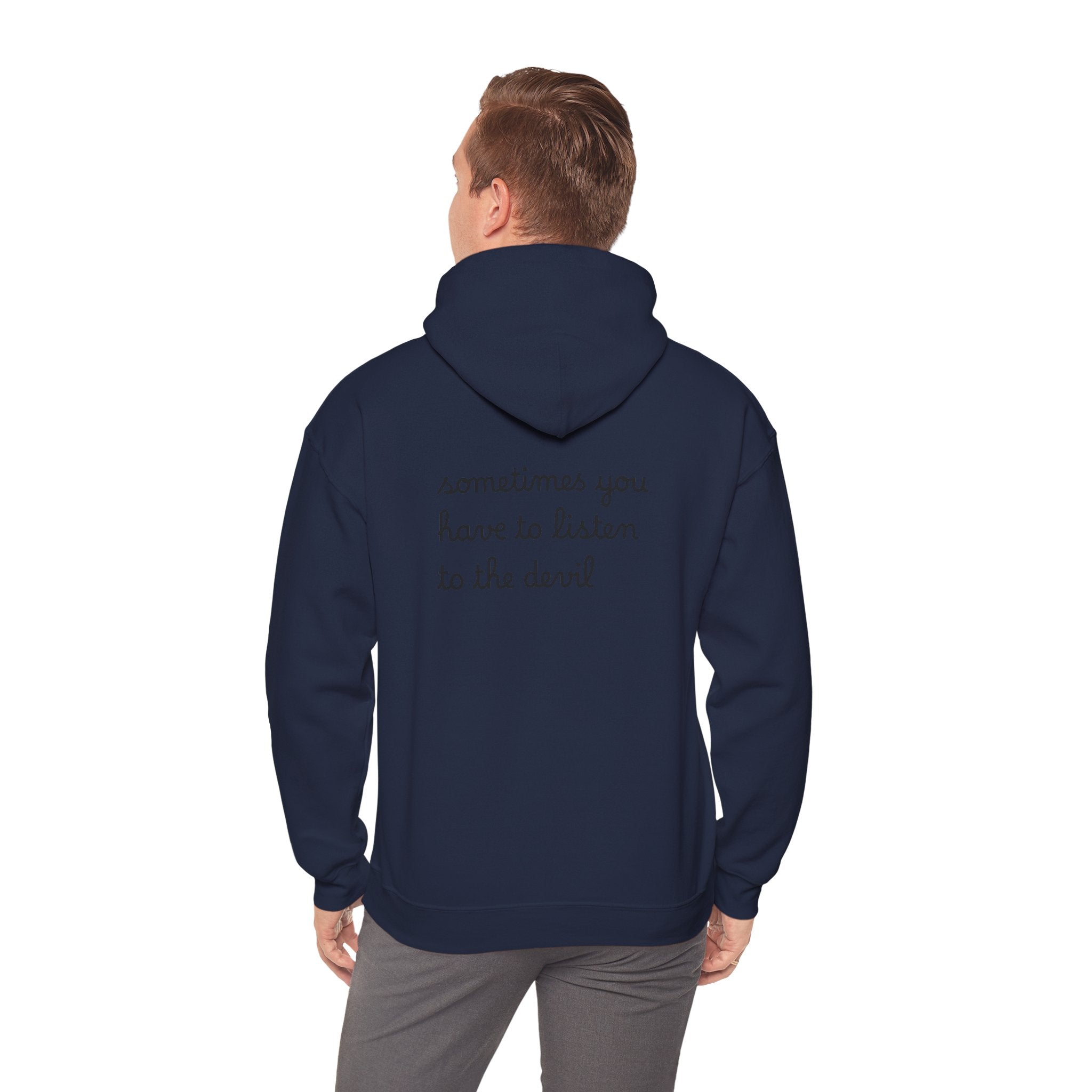 Unisex Heavy Blend™ Hooded Sweatshirt - Listen to the Devil Graphic Hoodie, Cozy Streetwear, Gift for Music Lovers