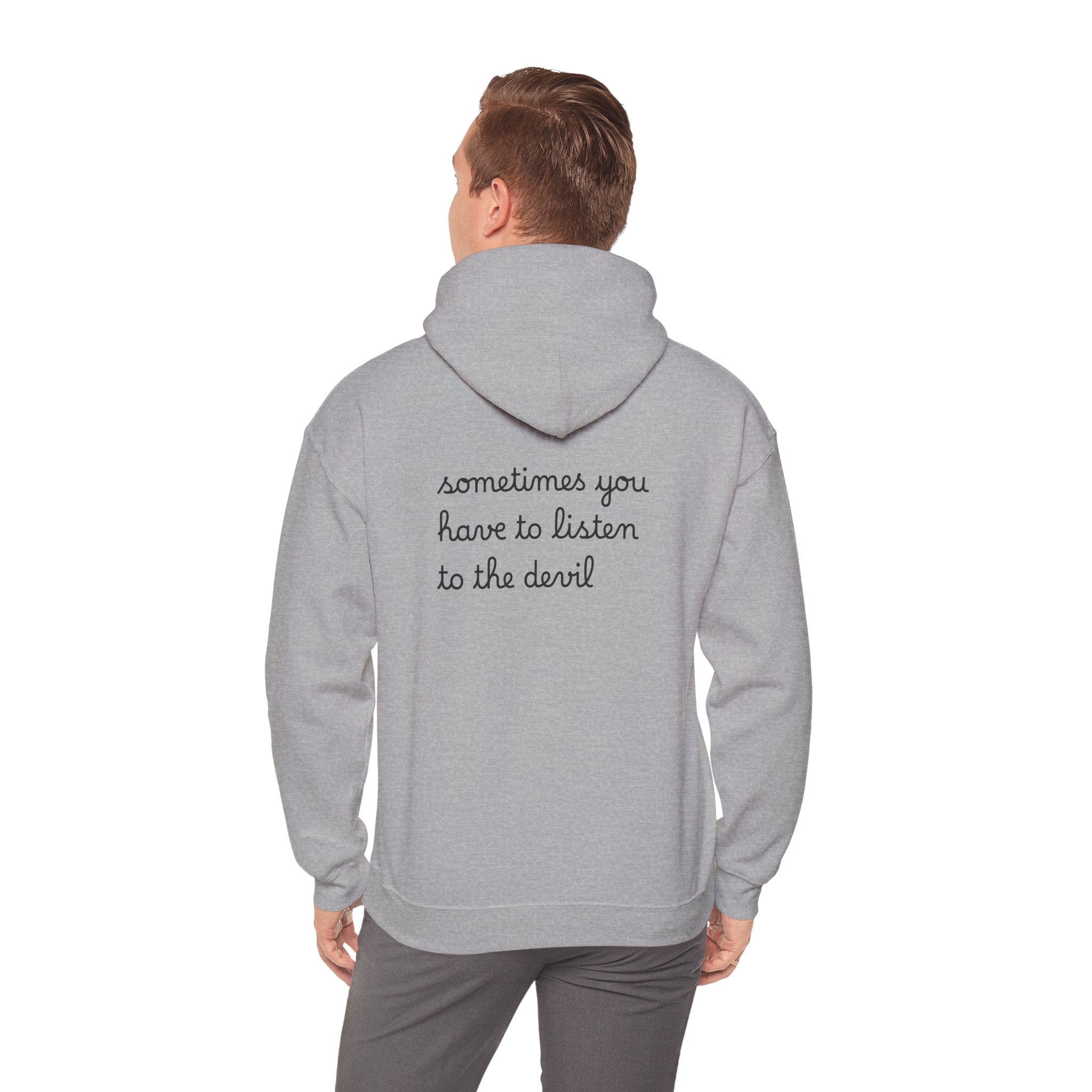 Unisex Heavy Blend™ Hooded Sweatshirt - Listen to the Devil Graphic Hoodie, Cozy Streetwear, Gift for Music Lovers