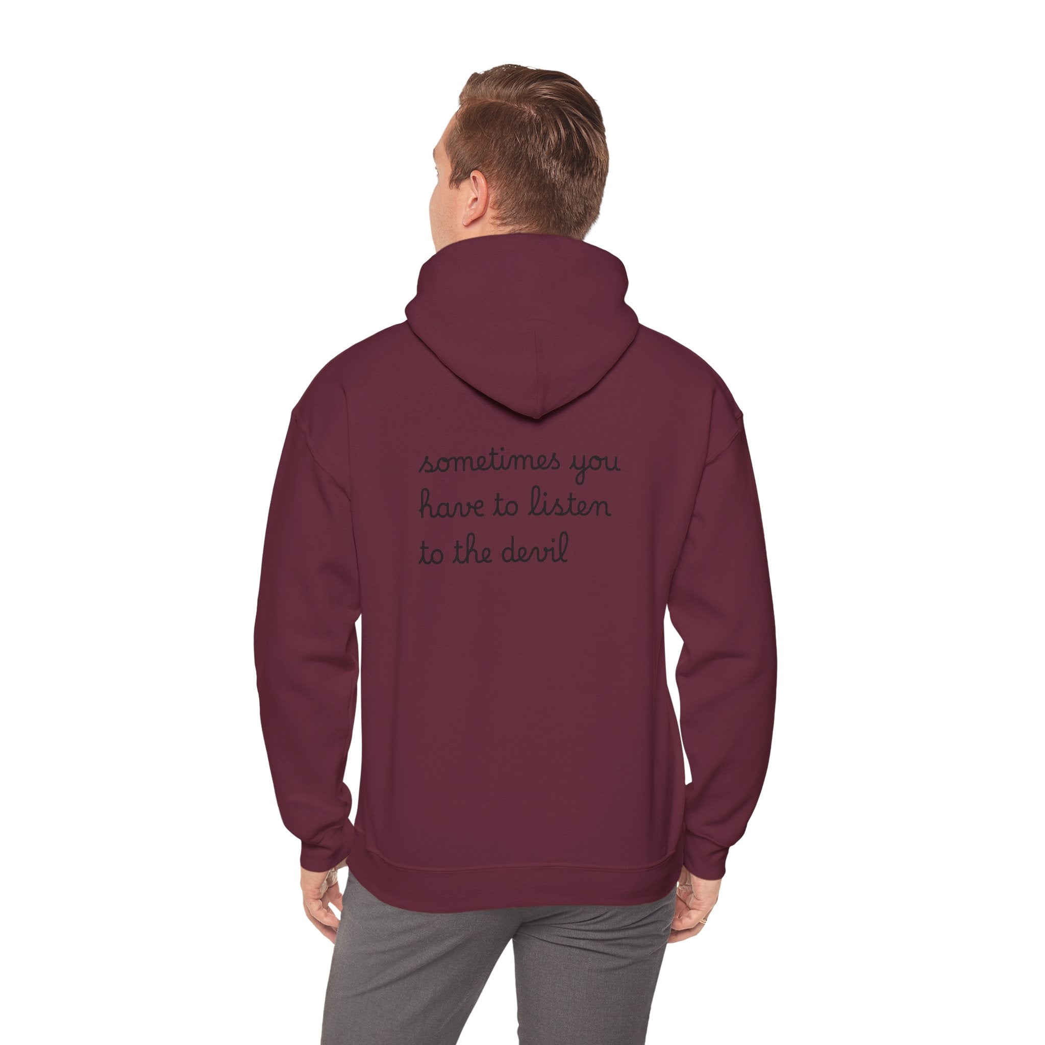 Unisex Heavy Blend™ Hooded Sweatshirt - Listen to the Devil Graphic Hoodie, Cozy Streetwear, Gift for Music Lovers