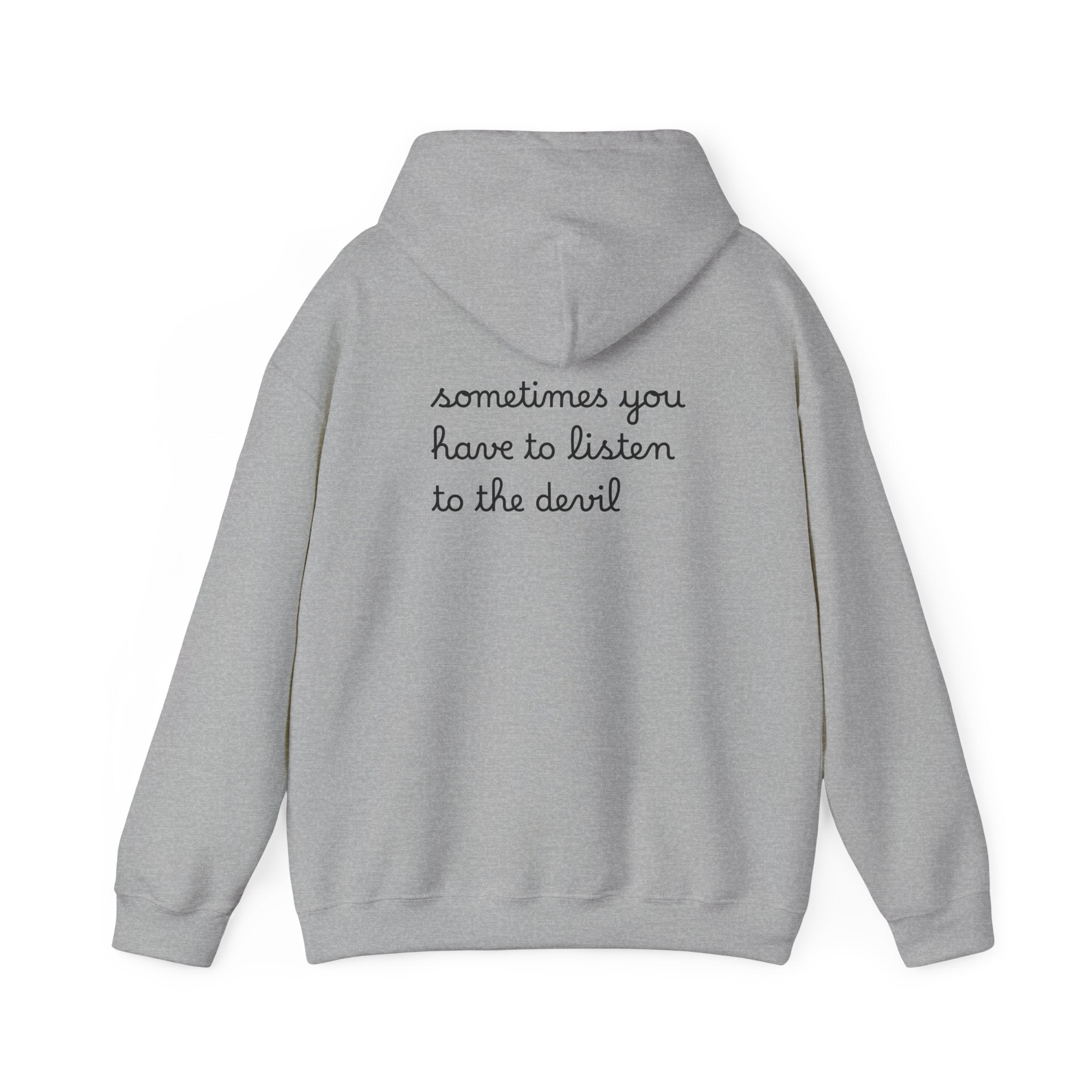 Unisex Heavy Blend™ Hooded Sweatshirt - Listen to the Devil Graphic Hoodie, Cozy Streetwear, Gift for Music Lovers