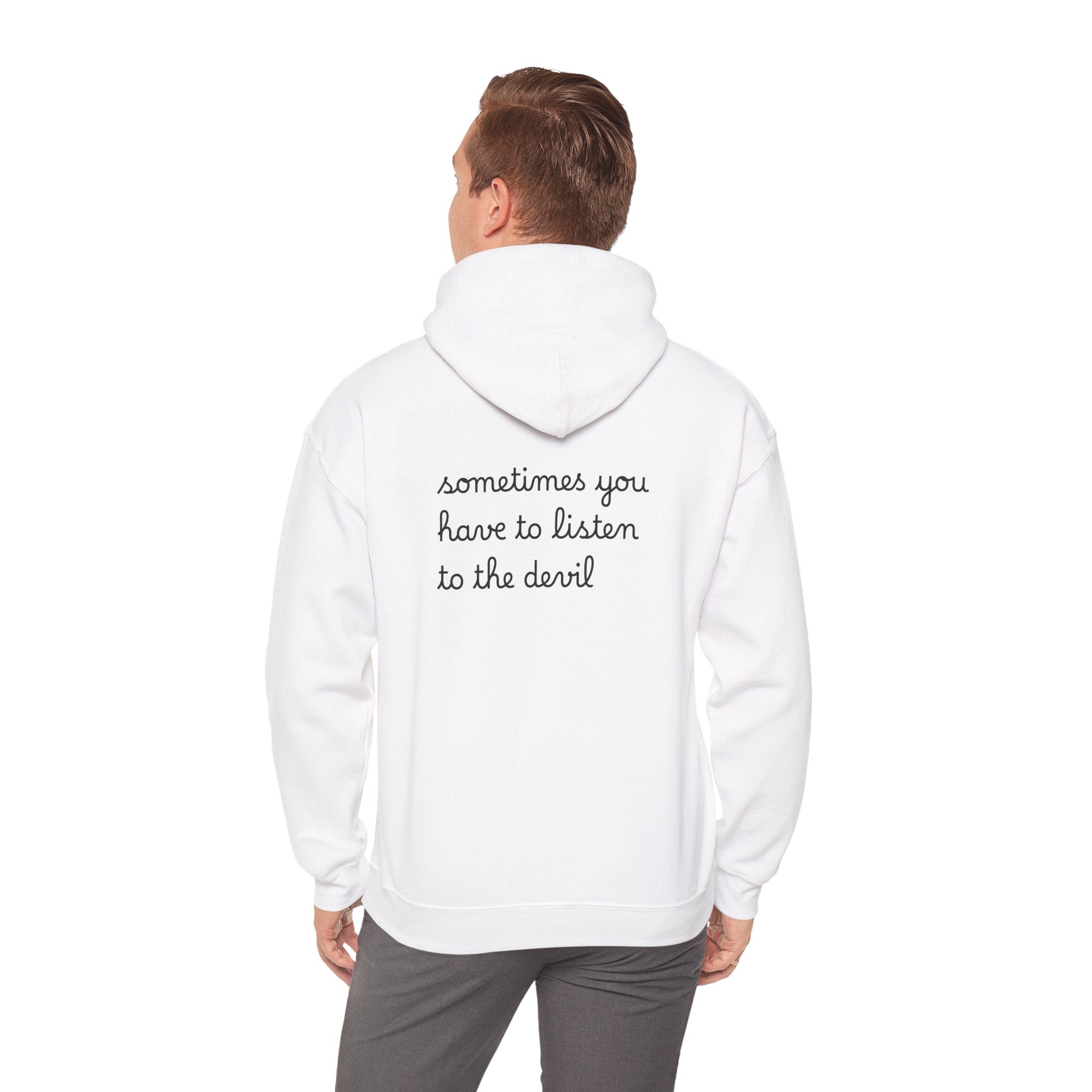 Unisex Heavy Blend™ Hooded Sweatshirt - Listen to the Devil Graphic Hoodie, Cozy Streetwear, Gift for Music Lovers